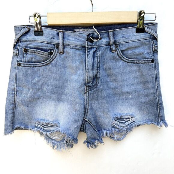 Free People Distressed Light Wash Denim Jean Shorts - Picture 1 of 6